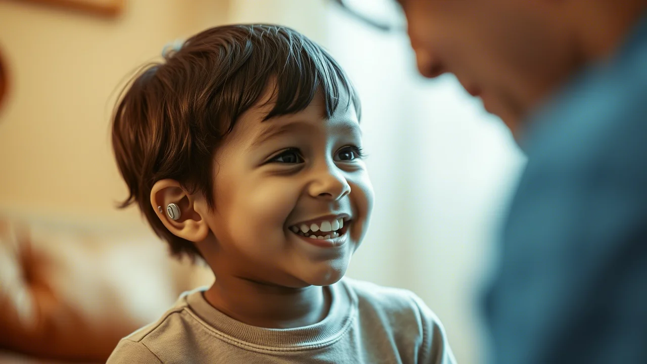 Un bambino con un impianto cocleare sorride timidamente mentre interagisce con un adulto, luce soffusa e calda, 35mm portrait, depth of field, duotone seppia e blu per un tocco emotivo, simboleggiando le sfide emotive e la speranza nel supporto per i bambini con ipoacusia.