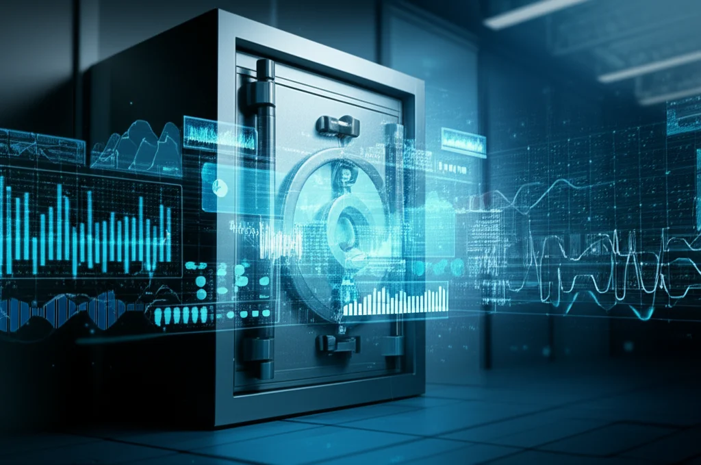 A conceptual image of a secure digital vault containing abstract representations of medical data (text, graphs, waveforms), surrounded by glowing AI nodes, wide-angle lens, 24mm, sharp focus, controlled lighting