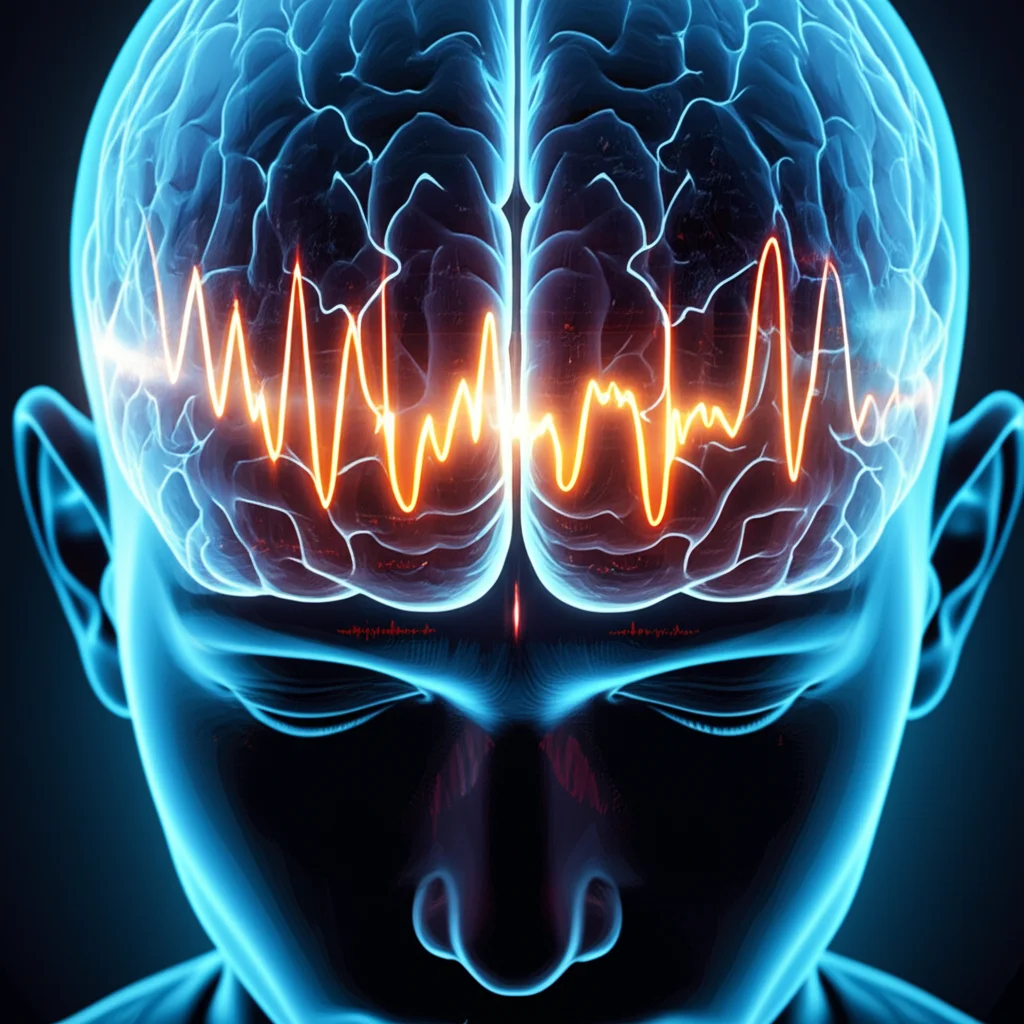 A photorealistic image showing a person's head with subtle, overlaid graphics representing brain waves and electrical activity patterns characteristic of sleep stages, contrasting normal REM sleep with the increased activity seen in RSWA. Use a 35mm portrait lens with depth of field, focusing on the conceptual overlay rather than the person's face, with controlled lighting.