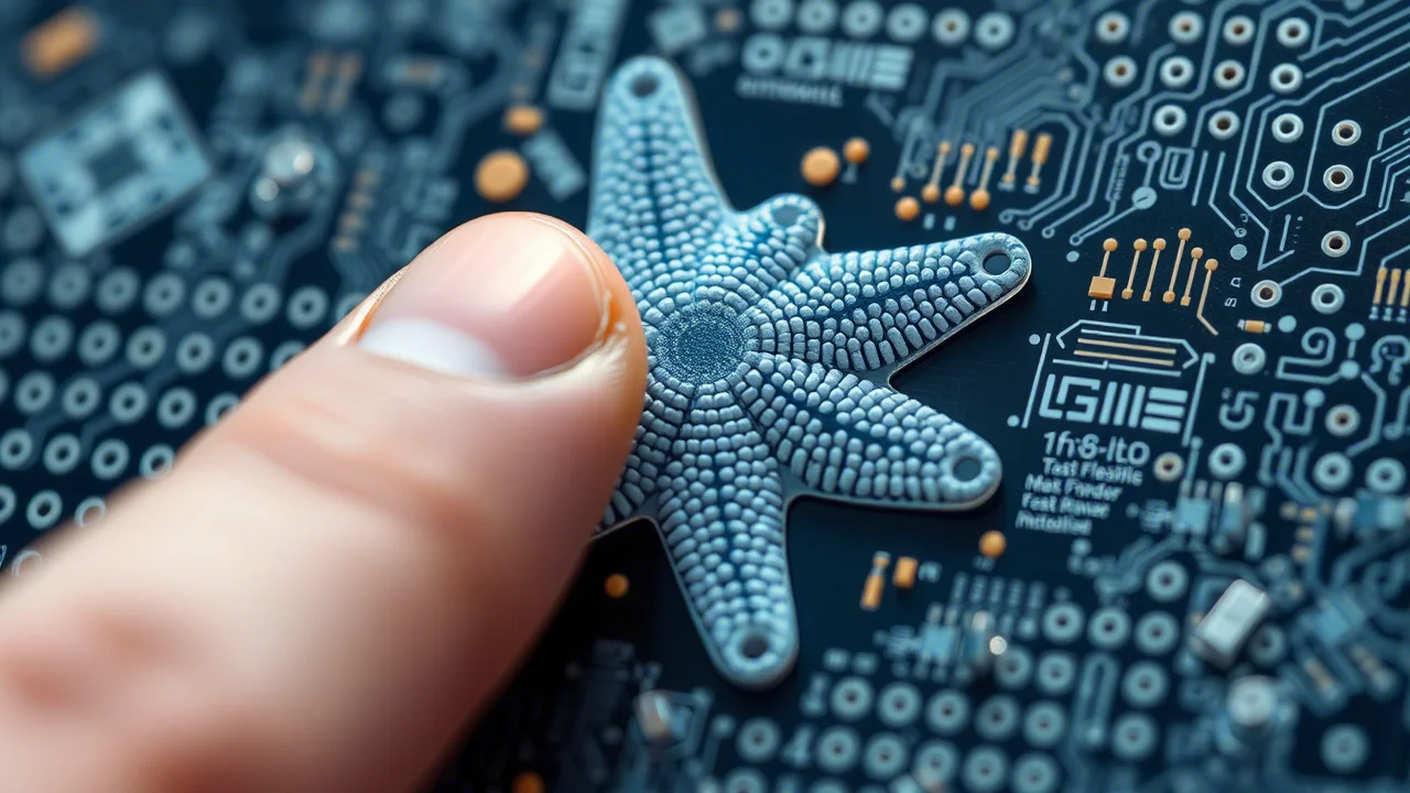 Fotografia macro fotorealistica, obiettivo 60mm, che mostra un sensore tattile flessibile con microstrutture a clessidra visibili ispirate a una stella marina, integrato con circuiti memristivi flessibili. Il sensore è premuto delicatamente da un dito, dimostrando la sua funzione. Alta definizione, illuminazione controllata, focus sulla texture del sensore e sull'integrazione elettronica.