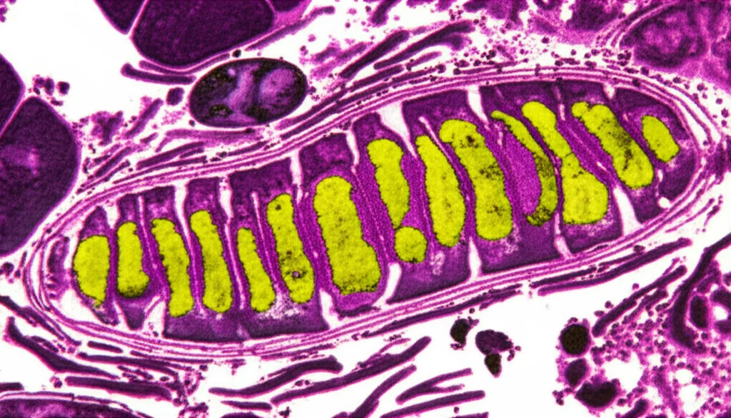 Immagine artistica e dettagliata al microscopio elettronico di organelli cellulari (mitocondri, reticolo endoplasmatico) all'interno di un epatocita, che mostra segni di stress e disfunzione tipici della MASLD. Macro lens, 90mm, high detail, controlled lighting, colori vivaci per evidenziare le strutture.