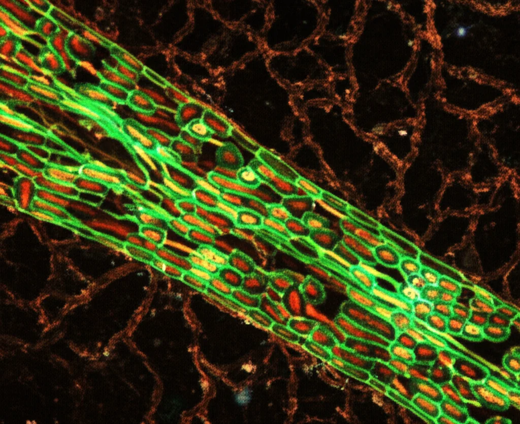 Immagine fotorealistica di una radice di riso vista al microscopio, con singole cellule illuminate che mostrano diversi pattern di espressione genica (rappresentati da colori vivaci), immerse in una matrice di terreno scuro e strutturato. Obiettivo macro 105mm, alta definizione, illuminazione controllata per evidenziare i dettagli cellulari e la texture del suolo.