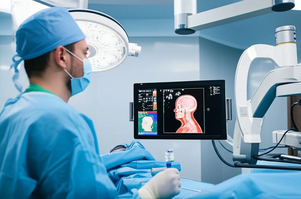 Immagine fotorealistica di una sala operatoria high-tech durante un intervento di chirurgia spinale C1-C2. In primo piano, un chirurgo concentrato osserva un monitor con immagini 3D della colonna vertebrale, mentre un sistema di navigazione O-Arm è posizionato strategicamente. Obiettivo prime, 35mm, profondità di campo, illuminazione controllata.
