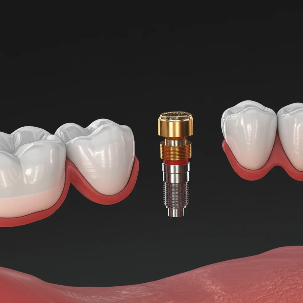 Immagine macro ad alto dettaglio di un impianto dentale e della sua connessione protesica, con focus sulla giunzione tra impianto e moncone protesico, illuminazione da studio per evidenziare texture e materiali metallici e ceramici, obiettivo macro 100mm, sfondo neutro e pulito.