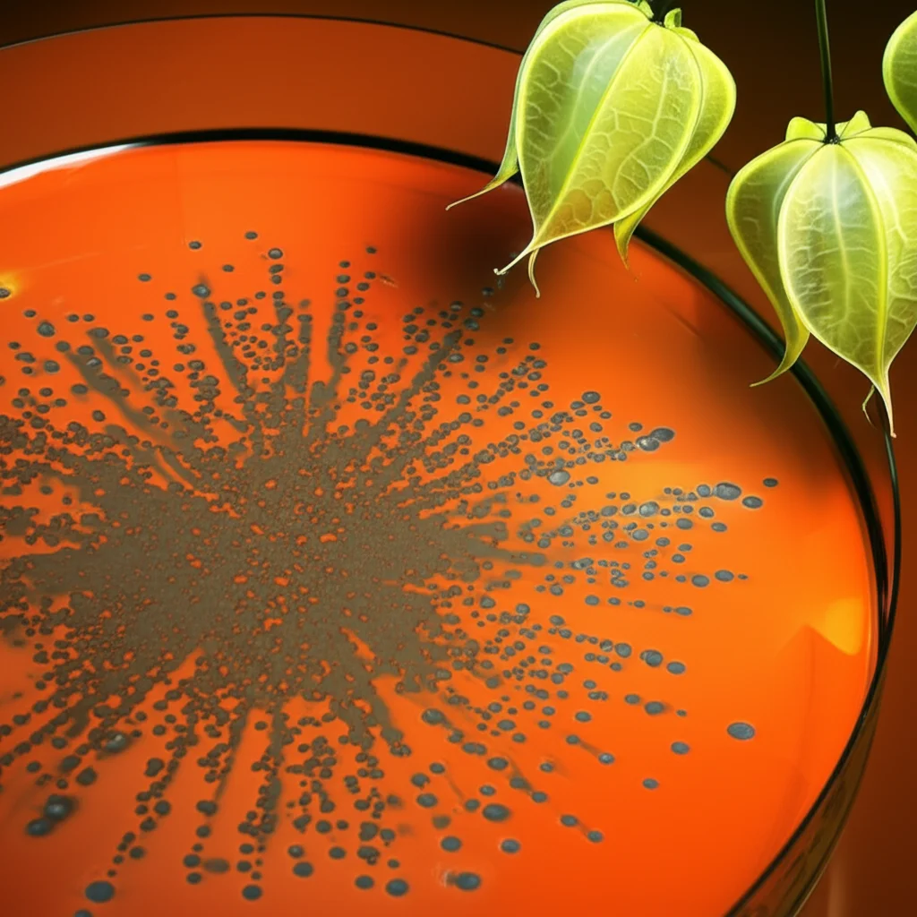 Macro fotografia, 90mm lente, di una colonia batterica di Sphingomonas sanguinis dai colori brillanti su una piastra di Petri, con una pianta di Datura metel sfocata artisticamente sullo sfondo. Illuminazione controllata per enfatizzare la colonia, high detail, precise focusing.