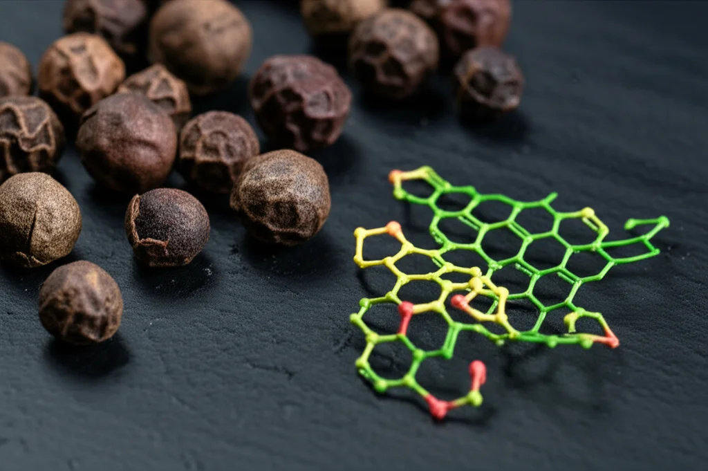 Macro fotografia di grani di pepe nero e una rappresentazione molecolare stilizzata di piperina complessata con un glucano ciclico, illuminazione controllata per dettagli precisi, obiettivo macro 100mm.