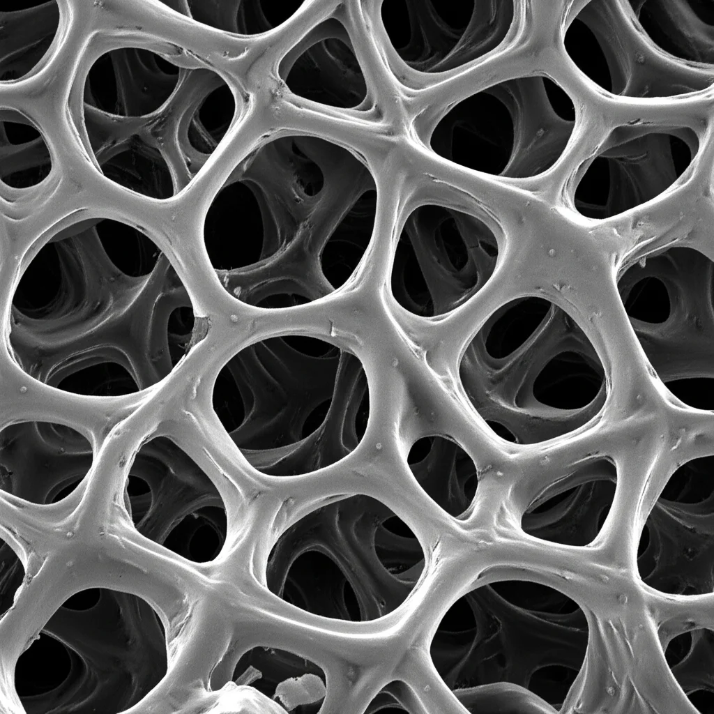 Macro lens, 60mm, high detail, precise focusing, controlled lighting of a 3D rendering or micrograph of porous titanium structure, highlighting the interconnected pores.