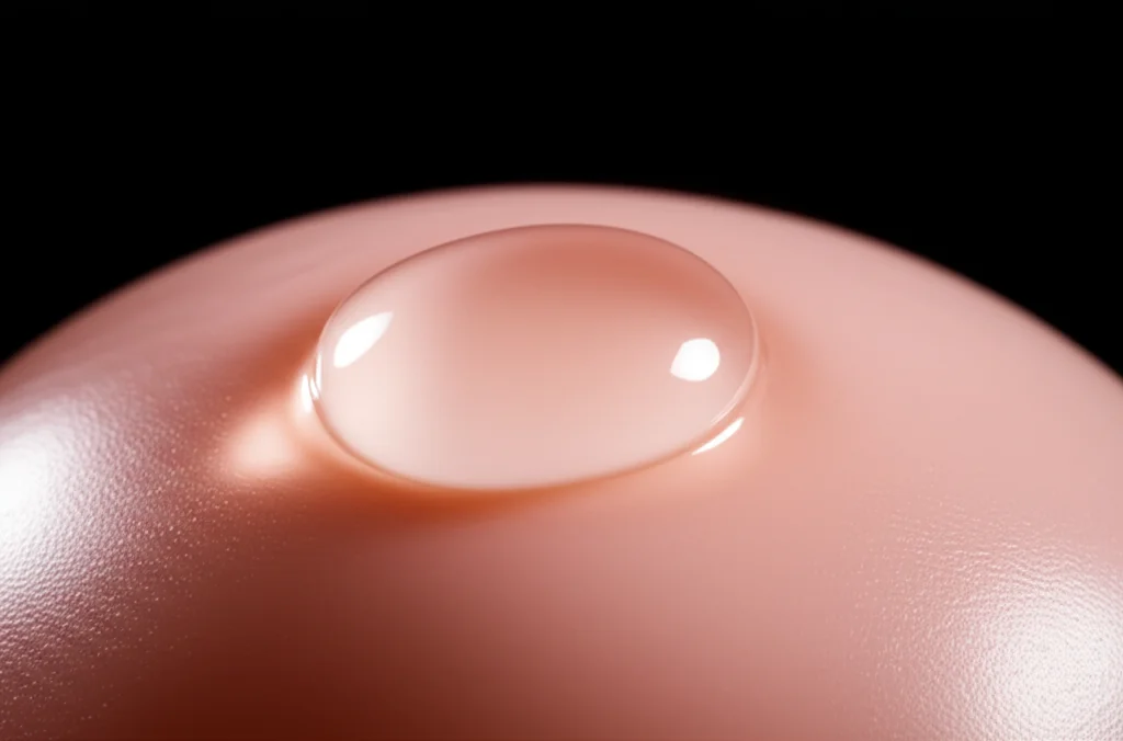 Macro lens, 80mm, High detail, controlled lighting: A single eye drop transforming into a gel on the surface of an eye model, showing the sol-to-gel transition for ocular drug delivery.