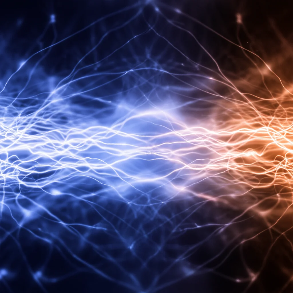 Rappresentazione artistica di un campo magnetico uniforme perturbato da flussi di plasma incandescente, con elettroni visibili come scie luminose. Stile fotorealistico con dettagli scientifici, obiettivo prime 35mm, profondità di campo che sfoca lo sfondo per concentrarsi sulle interazioni plasma-campo, duotone blu e arancione per rappresentare energia fredda e calda.