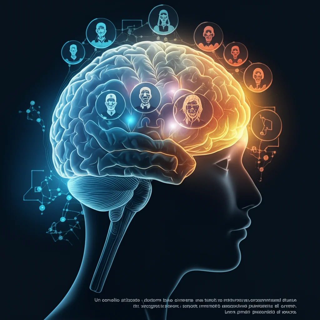 Un cervello stilizzato con connessioni luminose che si diramano verso icone rappresentanti diverse lingue e coppie volto-nome, simboleggiando la memoria associativa potenziata dal plurilinguismo. Lente prime 24mm, duotone blu e argento, profondità di campo.