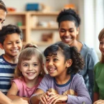 Un gruppo diversificato di bambini di età scolare (8-12 anni) con spettro autistico interagisce felicemente durante un'attività di gruppo strutturata in un ambiente luminoso e di supporto. Due adulti facilitatori li guidano con discrezione. Fotografia di gruppo, obiettivo 35mm, colori vivaci ma naturali, profondità di campo che mantiene a fuoco sia i bambini in primo piano che quelli leggermente dietro.