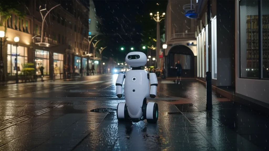 Un robot avanzato che naviga con sicurezza in un ambiente urbano complesso sotto una pioggia leggera, superando ostacoli grazie a sensori e intelligenza artificiale. Obiettivo prime 35mm, profondità di campo, illuminazione cinematografica che evidenzia la tecnologia del robot e le gocce di pioggia sospese nell'aria.