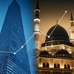 Un'immagine composita che mostra da un lato un moderno grattacielo bancario illuminato, simbolo della finanza convenzionale, e dall'altro una moschea elegantemente illuminata con dettagli architettonici islamici, a rappresentare la finanza islamica. Al centro, un grafico stilizzato che mostra una linea di tendenza in crescita, simboleggiando l'adattamento e la stabilità. Obiettivo prime 35mm, con un leggero effetto duotone (blu freddo per il convenzionale, oro caldo per l'islamico) e profondità di campo per mantenere entrambi gli elementi a fuoco.