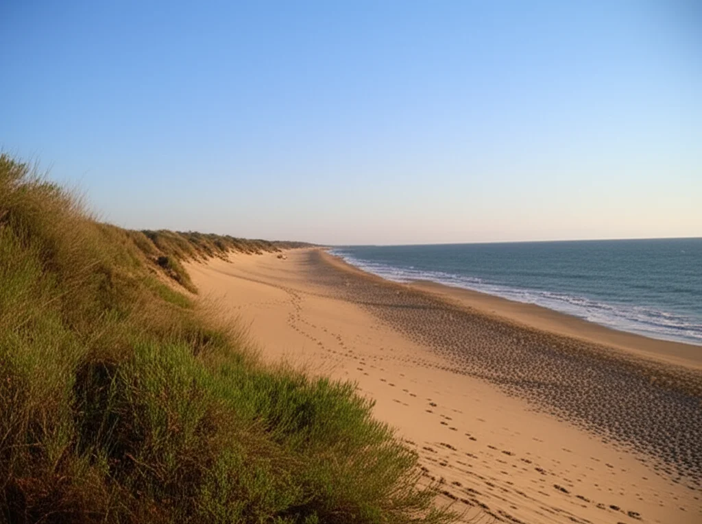 Veduta panoramica di un sistema dunale costiero intatto presso la Tenuta di Castelporziano, con la tipica zonazione vegetazionale che va dalla spiaggia alle dune più interne coperte da macchia mediterranea e bosco di lecci. Luce dorata del tardo pomeriggio, cielo sereno con qualche nuvola leggera. Obiettivo grandangolare 16mm, messa a fuoco nitida su tutto il paesaggio, per evidenziare la profondità e la ricchezza dell'ecosistema.