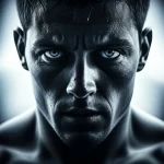 Elite athlete showing determination after injury, portrait, 35mm, depth of field, duotone blue and grey.