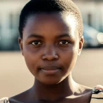 Fotografia di ritratto, obiettivo 50mm, di una giovane donna sudafricana (circa 20 anni) che guarda con determinazione verso l'obiettivo. Luce naturale morbida, sfondo leggermente sfocato di un ambiente comunitario o scolastico sudafricano. Toni caldi, profondità di campo ridotta. Esprime resilienza, speranza e consapevolezza riguardo alla prevenzione HIV.
