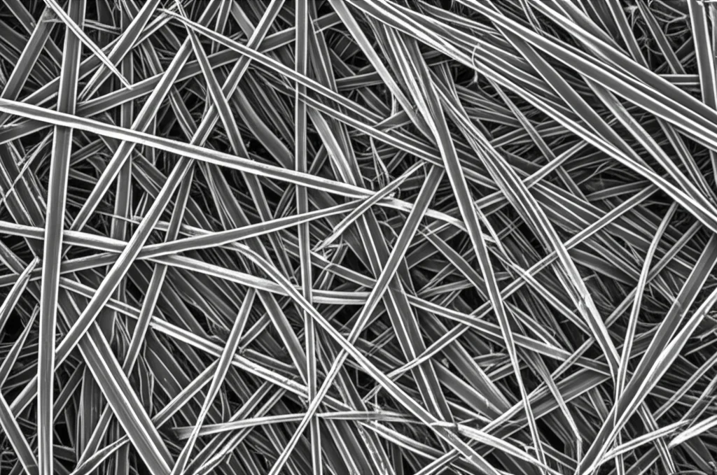 Fotografia macro di un campione di nanocomposito Elium® nero opaco rinforzato con nanofibre. Si intravedono le fibre sottili integrate nella matrice polimerica. Lente macro 60mm, alta definizione, illuminazione laterale controllata per enfatizzare la texture superficiale composita, messa a fuoco precisa.