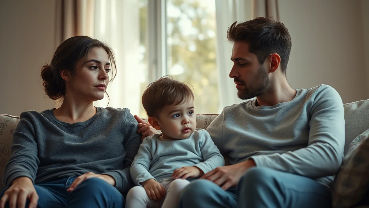 Fotografia realistica di una famiglia giovane (genitori sui 30 anni con un bambino piccolo) seduta su un divano, sembrano stanchi e pensierosi, la luce del tardo pomeriggio entra dalla finestra. Obiettivo 35mm, profondità di campo media, colori leggermente desaturati per trasmettere un senso di affaticamento persistente post-pandemia.