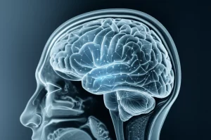 Immagine concettuale di un cervello digitale con reti neurali luminose sovrapposte a una scansione MRI della laringe, simboleggiando l'integrazione di AI e imaging medico. Macro lens, 80mm, high detail, precise focusing, duotone blu e argento.