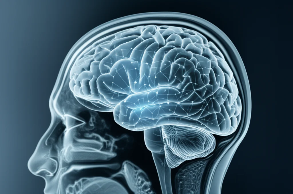 Immagine concettuale di un cervello digitale con reti neurali luminose sovrapposte a una scansione MRI della laringe, simboleggiando l'integrazione di AI e imaging medico. Macro lens, 80mm, high detail, precise focusing, duotone blu e argento.