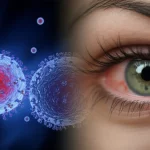Immagine concettuale fotorealistica che illustra la dualità degli inibitori del checkpoint immunitario: a sinistra, una cellula T stilizzata che attacca una cellula tumorale, simboleggiando l'efficacia terapeutica; a destra, un occhio umano con segni evidenti di uveite simil-Vogt-Koyanagi-Harada, come arrossamento congiuntivale, alterazioni del pigmento irideo e pupilla leggermente irregolare. Illuminazione drammatica con un fascio di luce che collega i due scenari, suggerendo la connessione causa-effetto. Lente prime 50mm, profondità di campo, colori vividi ma realistici, dettagli nitidi sull'occhio.