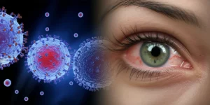 Immagine concettuale fotorealistica che illustra la dualità degli inibitori del checkpoint immunitario: a sinistra, una cellula T stilizzata che attacca una cellula tumorale, simboleggiando l'efficacia terapeutica; a destra, un occhio umano con segni evidenti di uveite simil-Vogt-Koyanagi-Harada, come arrossamento congiuntivale, alterazioni del pigmento irideo e pupilla leggermente irregolare. Illuminazione drammatica con un fascio di luce che collega i due scenari, suggerendo la connessione causa-effetto. Lente prime 50mm, profondità di campo, colori vividi ma realistici, dettagli nitidi sull'occhio.