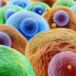 Immagine concettuale fotorealistica, obiettivo macro 70mm, che mostra un mix di cellule immunitarie sane e vibranti (blu/verde) e cellule senescenti (grigio/rosso sbiadito) nel midollo osseo, con molecole di Procianidina C1 (sfere dorate) che interagiscono selettivamente con le cellule senescenti, alta definizione, illuminazione controllata, focus preciso.