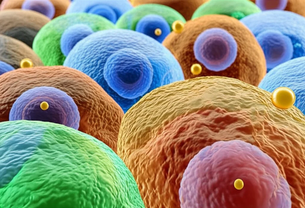 Immagine concettuale fotorealistica, obiettivo macro 70mm, che mostra un mix di cellule immunitarie sane e vibranti (blu/verde) e cellule senescenti (grigio/rosso sbiadito) nel midollo osseo, con molecole di Procianidina C1 (sfere dorate) che interagiscono selettivamente con le cellule senescenti, alta definizione, illuminazione controllata, focus preciso.