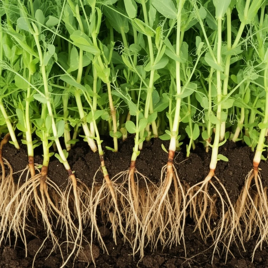 radici di piselli, un po 'di verde sano e vibrante, altri che mostrano chiari segni di marciume radicale con scolorimento brunastro, parzialmente incorporato in terreno scuro e ricco, che trasmette la lotta tra salute delle piante e malattie.