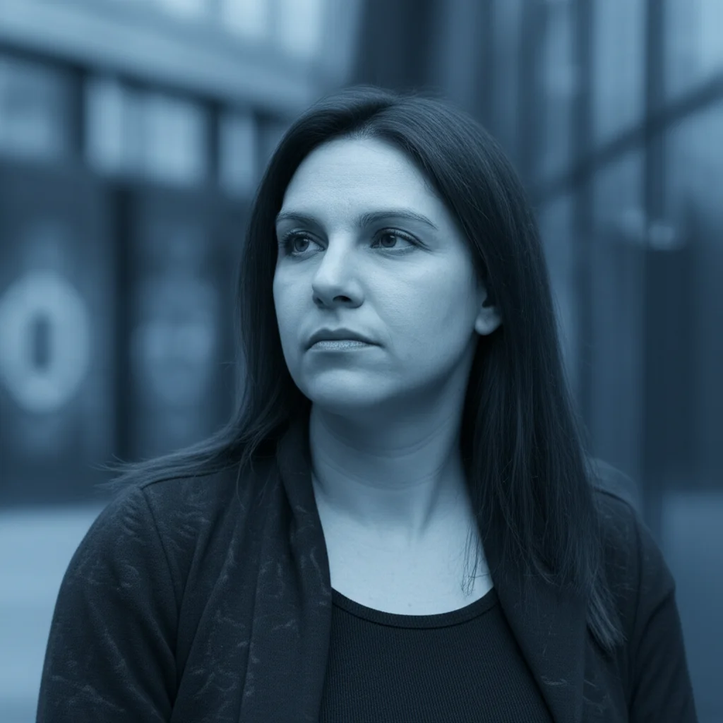 Portrait photography, 35mm portrait, blue and grey duotones, depicting a thoughtful woman with a backdrop subtly suggesting urban or institutional environments, symbolising the intersection of mental health and the justice system.