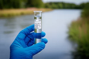 Un campione d'acqua prelevato da un fiume in una provetta tenuta da una mano guantata, con il fiume e la vegetazione sfocati sullo sfondo. Obiettivo macro 90mm, alta definizione per mostrare la limpidezza apparente dell'acqua, suggerendo la presenza invisibile di farmaci. Illuminazione naturale ma controllata per un aspetto scientifico.