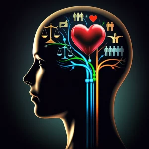 Una rappresentazione astratta del processo decisionale morale: una testa umana stilizzata di profilo, con percorsi neurali luminosi e colorati (blu, verde, arancione) che si diramano all'interno, collegandosi a diverse icone fluttuanti simboleggianti scelte etiche (es. una bilancia della giustizia, un cuore, un gruppo di persone stilizzate, un bivio). Effetto 'film noir' con forti contrasti chiaroscurali, illuminazione laterale drammatica, obiettivo da 24mm per un leggero grandangolo che includa tutti gli elementi, profondità di campo per mettere a fuoco i percorsi neurali centrali e lasciare le icone leggermente sfocate sullo sfondo.