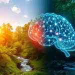 Un'immagine composita che mostra da un lato un cervello stilizzato con connessioni luminose che simboleggiano l'attività neurale e dall'altro un paesaggio naturale sereno e rigoglioso, come una foresta con un ruscello. L'immagine dovrebbe suggerire l'interazione positiva tra la visione della natura e il benessere mentale. Utilizzare un obiettivo prime da 35mm con una leggera profondità di campo per dare un tocco artistico ma realistico.