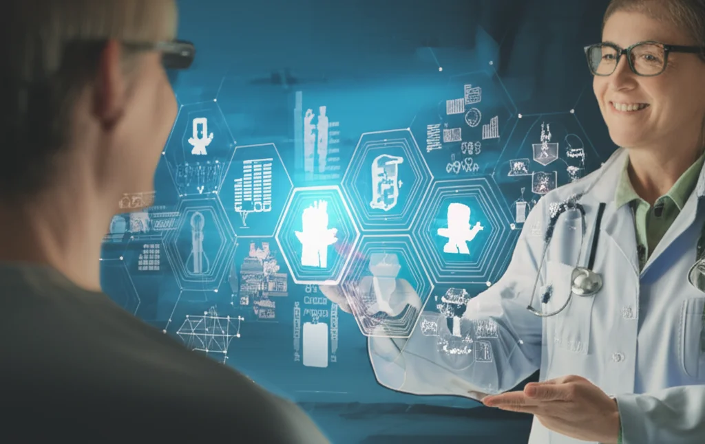 Un'immagine concettuale che mostra l'integrazione armoniosa tra tecnologia avanzata (simboleggiata da interfacce digitali luminose e reti di dati) e la cura del paziente in un ambiente di assistenza primaria. Un medico sorridente interagisce con un paziente, mentre sullo sfondo si intravedono grafici e dati sanitari digitalizzati. Obiettivo prime, 35mm, profondità di campo, colori caldi e accoglienti con accenti blu high-tech.