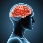 Un'immagine concettuale che raffigura la connessione tra infiammazione e cervello. Potrebbe mostrare una silhouette di testa umana con all'interno un cervello parzialmente trasparente, dove alcune aree brillano di un rosso/arancione a simboleggiare l'infiammazione, mentre altre aree legate all'umore e alla cognizione sono interconnesse. Utilizzare un obiettivo da 35mm per un effetto ritratto, con una profondità di campo che sfoca leggermente lo sfondo, e una palette duotone (ad esempio, blu freddo e arancione caldo) per un impatto visivo forte e simbolico.