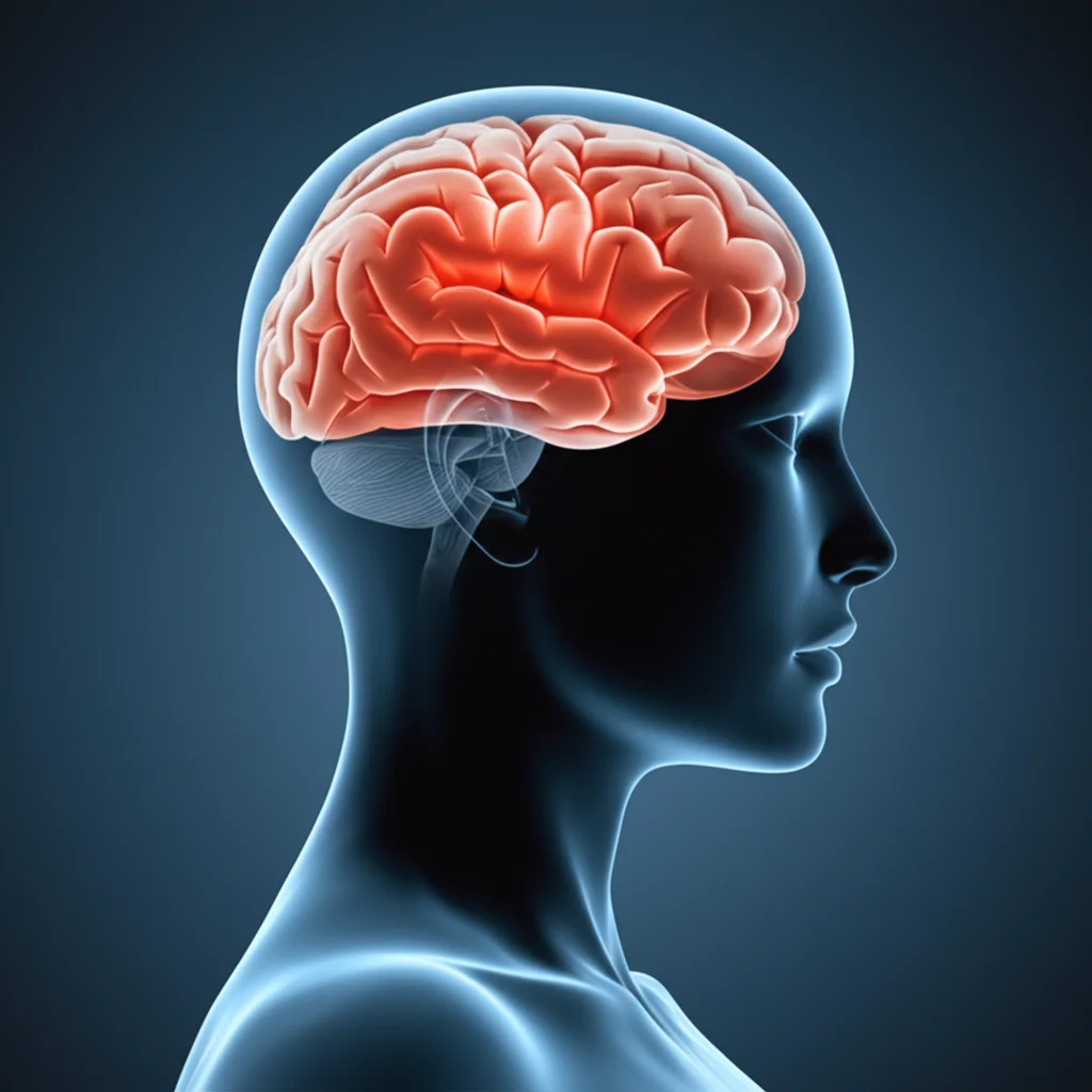Un'immagine concettuale che raffigura la connessione tra infiammazione e cervello. Potrebbe mostrare una silhouette di testa umana con all'interno un cervello parzialmente trasparente, dove alcune aree brillano di un rosso/arancione a simboleggiare l'infiammazione, mentre altre aree legate all'umore e alla cognizione sono interconnesse. Utilizzare un obiettivo da 35mm per un effetto ritratto, con una profondità di campo che sfoca leggermente lo sfondo, e una palette duotone (ad esempio, blu freddo e arancione caldo) per un impatto visivo forte e simbolico.