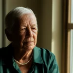 A thoughtful older person sitting quietly by a window, 35mm portrait, soft natural light, depth of field, representing the introspection and challenges of health recovery.