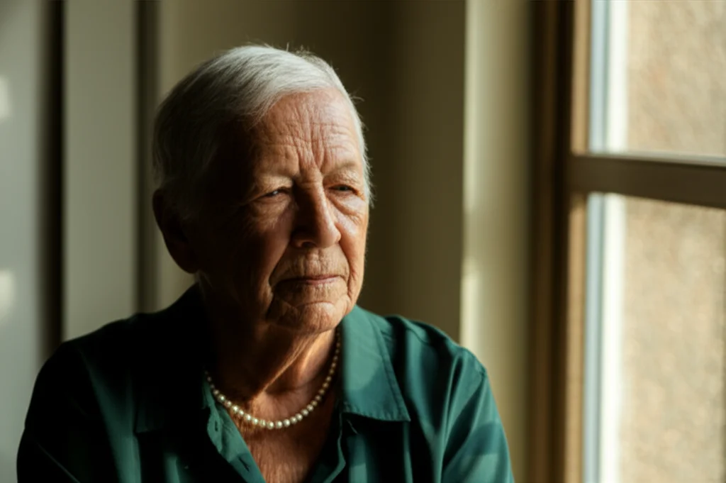 A thoughtful older person sitting quietly by a window, 35mm portrait, soft natural light, depth of field, representing the introspection and challenges of health recovery.