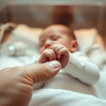 Fotografia delicata di un neonato in incubatrice con monitoraggio dei parametri vitali, focus selettivo sulla piccola mano del bambino che stringe un dito adulto, luce soffusa e calda tipica di un reparto neonatale, obiettivo prime 35mm, profondità di campo ridotta per enfatizzare la vulnerabilità e la cura medica intensiva legata a condizioni come l'ipossia neonatale.