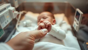 Fotografia delicata di un neonato in incubatrice con monitoraggio dei parametri vitali, focus selettivo sulla piccola mano del bambino che stringe un dito adulto, luce soffusa e calda tipica di un reparto neonatale, obiettivo prime 35mm, profondità di campo ridotta per enfatizzare la vulnerabilità e la cura medica intensiva legata a condizioni come l'ipossia neonatale.