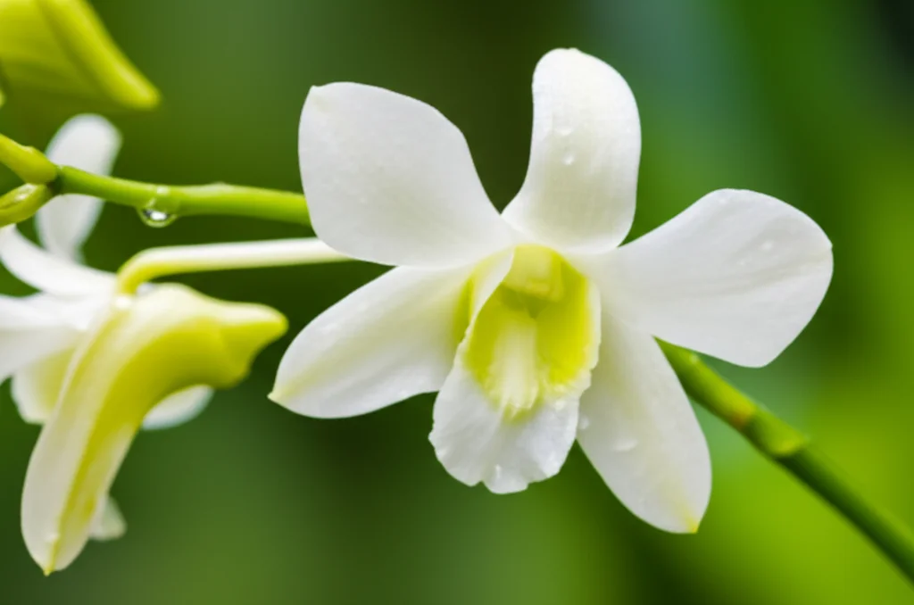 Fotografia macro di un fiore di orchidea Dendrobium officinale, obiettivo macro da 100mm, alta definizione dei dettagli del fiore e dello stelo, con gocce di rugiada, illuminazione da studio controllata per esaltare i colori bianco e giallo pallido, su sfondo verde scuro sfocato.