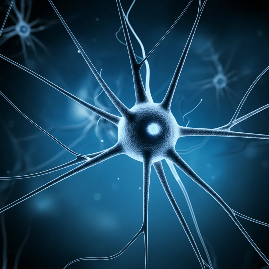 Immagine concettuale dell'asse intestino-cervello con stilizzazione di neuroni che si collegano a una rappresentazione del microbiota intestinale e un accenno a impulsi elettrici, prime lens 35mm, depth of field, duotone blu e grigio, per un effetto scientifico ma artistico.