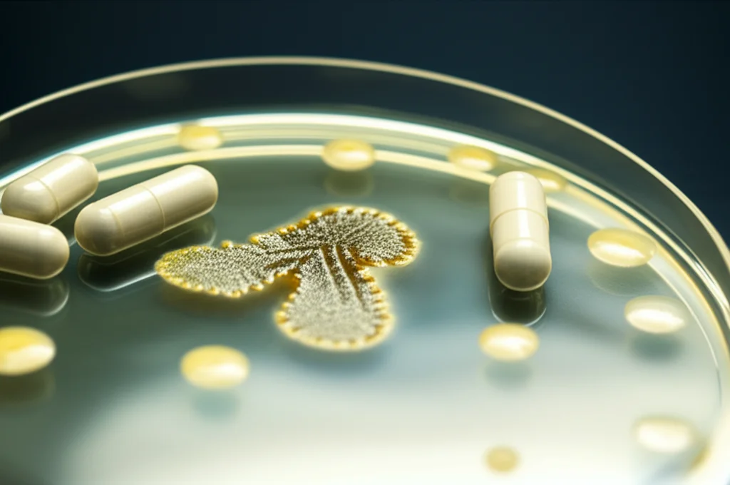 Immagine fotorealistica di capsule di Disulfiram accanto a una piastra di Petri con colonie di Staphylococcus aureus visibilmente inibite, obiettivo macro 70mm, profondità di campo ridotta per focalizzare sui batteri, illuminazione da laboratorio controllata, alta definizione.