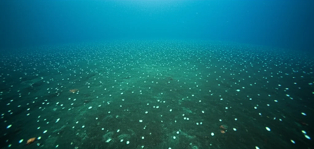 Immagine fotorealistica di un antico fondale oceanico durante la transizione Eocene-Oligocene, con fioriture di fitoplancton calcareo (Clausicoccus subdistichus) visibili nell'acqua sovrastante e accenni alla formazione di ghiaccio antartico in lontananza. Obiettivo grandangolare 18mm, lunga esposizione per acque lisce, messa a fuoco nitida sul plancton e sul fondale, illuminazione subacquea suggestiva.