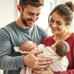 Immagine fotorealistica di una famiglia unita e sorridente che accoglie a casa il proprio neonato prematuro. Il padre e la madre tengono delicatamente il bambino, avvolto in una copertina morbida. L'ambiente è caldo e luminoso, suggerendo speranza e amore. Obiettivo da 35mm, profondità di campo che sfoca leggermente lo sfondo per concentrarsi sulla famiglia, colori caldi e naturali.