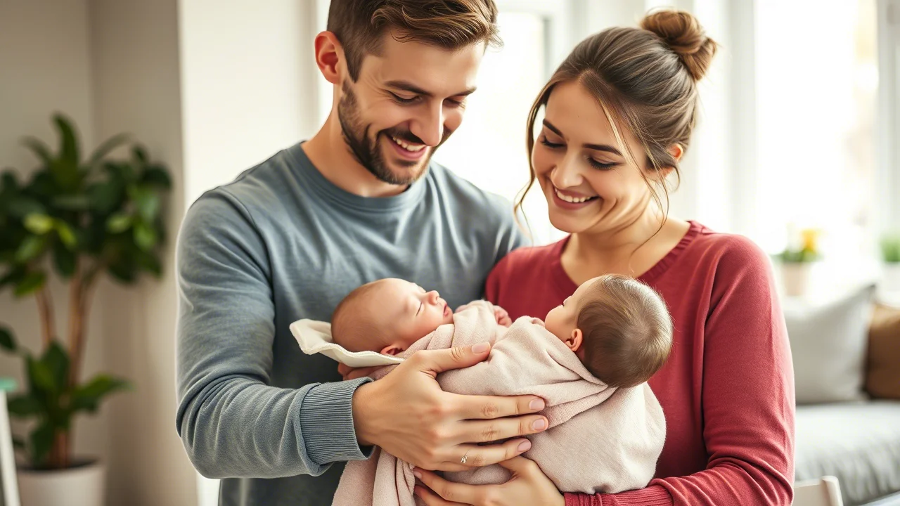 Immagine fotorealistica di una famiglia unita e sorridente che accoglie a casa il proprio neonato prematuro. Il padre e la madre tengono delicatamente il bambino, avvolto in una copertina morbida. L'ambiente è caldo e luminoso, suggerendo speranza e amore. Obiettivo da 35mm, profondità di campo che sfoca leggermente lo sfondo per concentrarsi sulla famiglia, colori caldi e naturali.