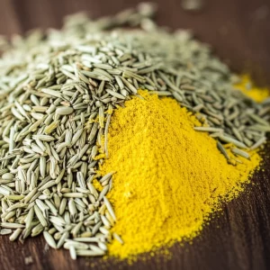 Immagine fotorealistica, lente macro 90mm, concentrandosi su fieno di avena di alta qualità con consistenza visibile, accanto a una piccola pila di polvere di curcumina gialla brillante, suggerendo una conservazione naturale, elevata dettaglio, illuminazione controllata.