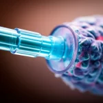 Immagine macro di una punta di cannula ECMO con visibili colonie batteriche stilizzate, illuminazione da laboratorio focalizzata sulla punta. Macro lens, 100mm, high detail, precise focusing, controlled lighting, sfondo leggermente sfocato per enfatizzare il soggetto.
