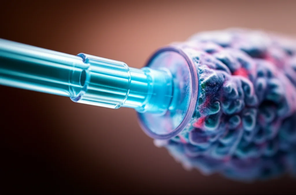 Immagine macro di una punta di cannula ECMO con visibili colonie batteriche stilizzate, illuminazione da laboratorio focalizzata sulla punta. Macro lens, 100mm, high detail, precise focusing, controlled lighting, sfondo leggermente sfocato per enfatizzare il soggetto.