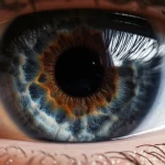 Photorealistic macro shot of an artificial intraocular lens inside a human eye, showing delicate structures and high detail, 105mm macro lens.